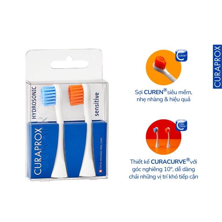 Bộ 2 đầu bàn chải điện Curaprox Hydrosonic Sensitive màu xanh dương cam