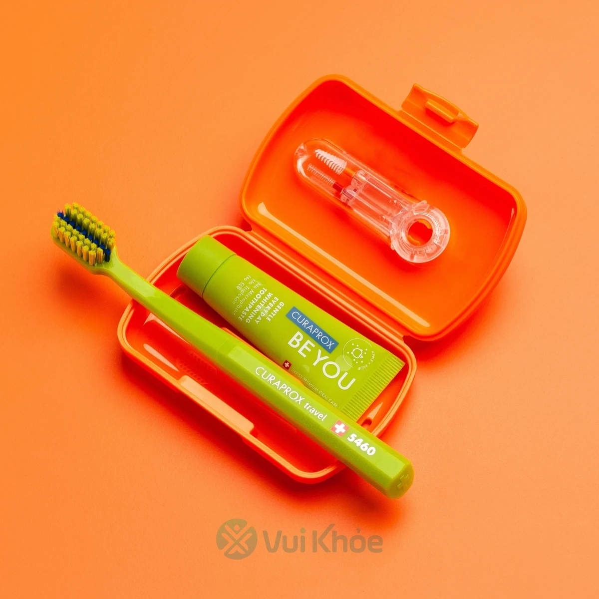 Curaprox ortho travel set màu cam kem đánh răng Be you táo xanh lô hội (3)